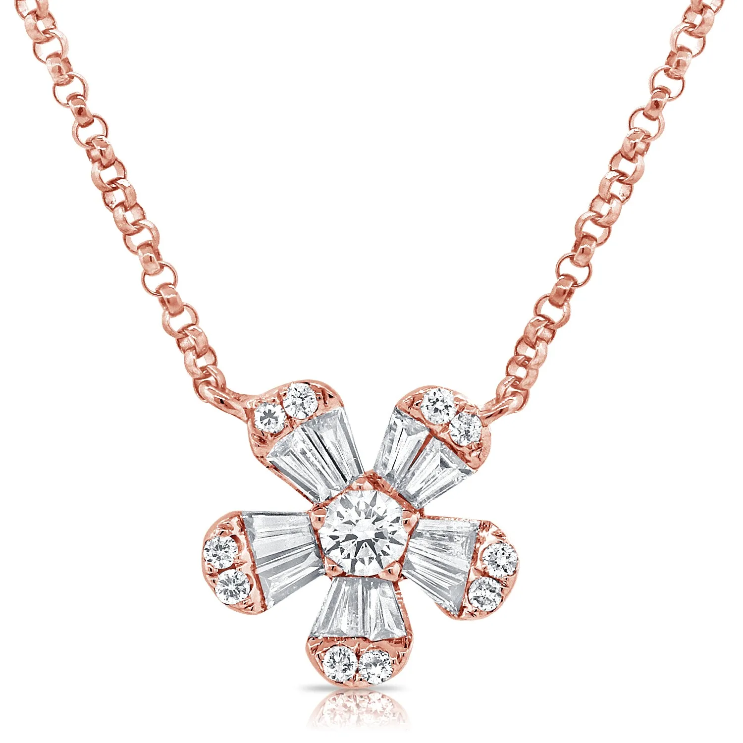 14k Gold & Diamond Baguette Flower Necklace - 0.38ct