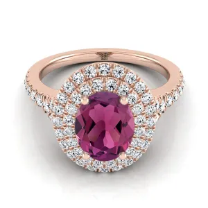 14K Rose Gold Oval Garnet Double Halo with Scalloped Pavé Diamond Engagement Ring -1/2ctw