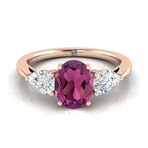 14K Rose Gold Oval Garnet Perfectly Matched Pear Shaped Three Diamond Engagement Ring -7/8ctw