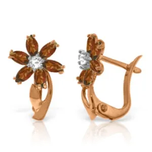 14K Solid Rose Gold Diamond & Garnet Fine Earrings