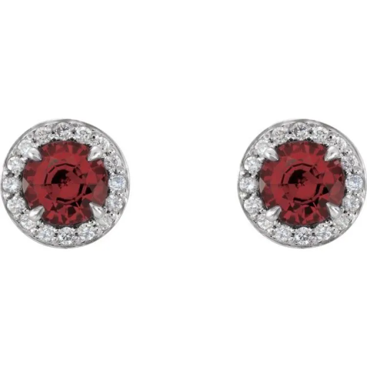 14K White 3.5 mm Natural Mozambique Garnet & 1/8 CTW Natural Diamond Earrings