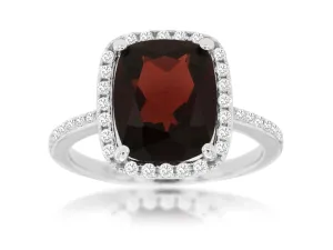 14K White Gold Cushion Cut Garnet and Diamond Halo Ring