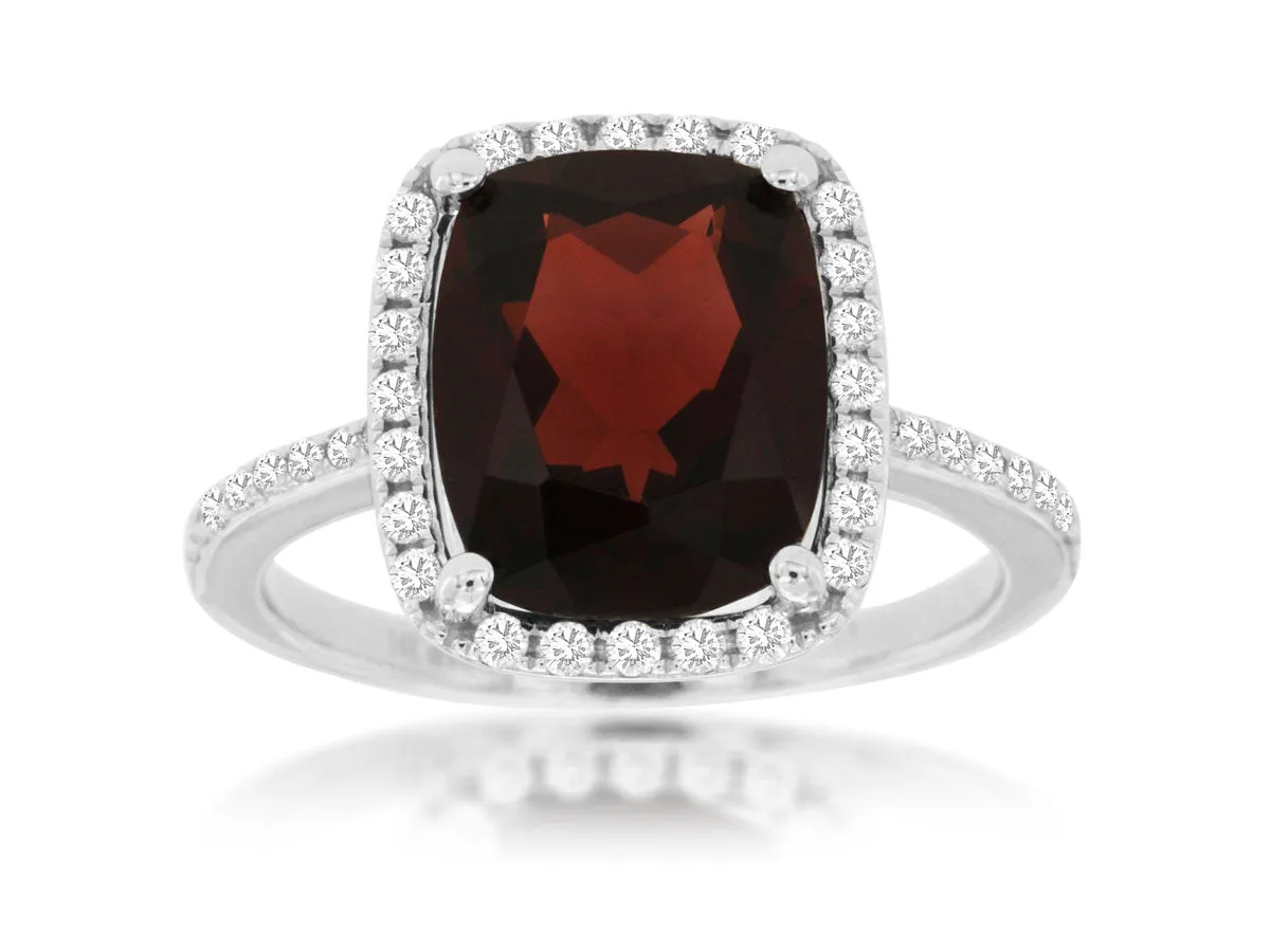 14K White Gold Cushion Cut Garnet and Diamond Halo Ring