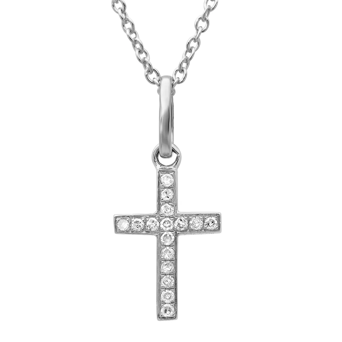 14K White Gold Diamond Cross Necklace, 15-18 inch