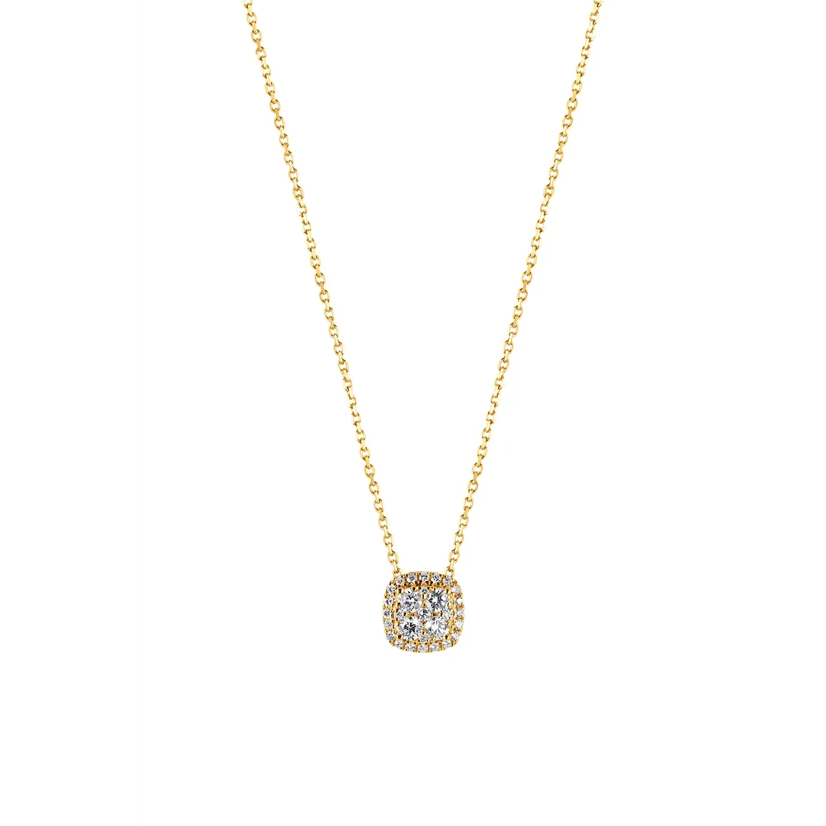 18K Yellow Gold Cushion Design Cluster Diamond Pendant Necklace