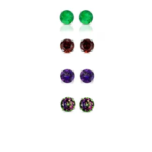 24k White Gold Plated 4Ct Created Emerald, Garnet, Amethyst and Mystic Topaz 4 Pair Round Stud Earrings