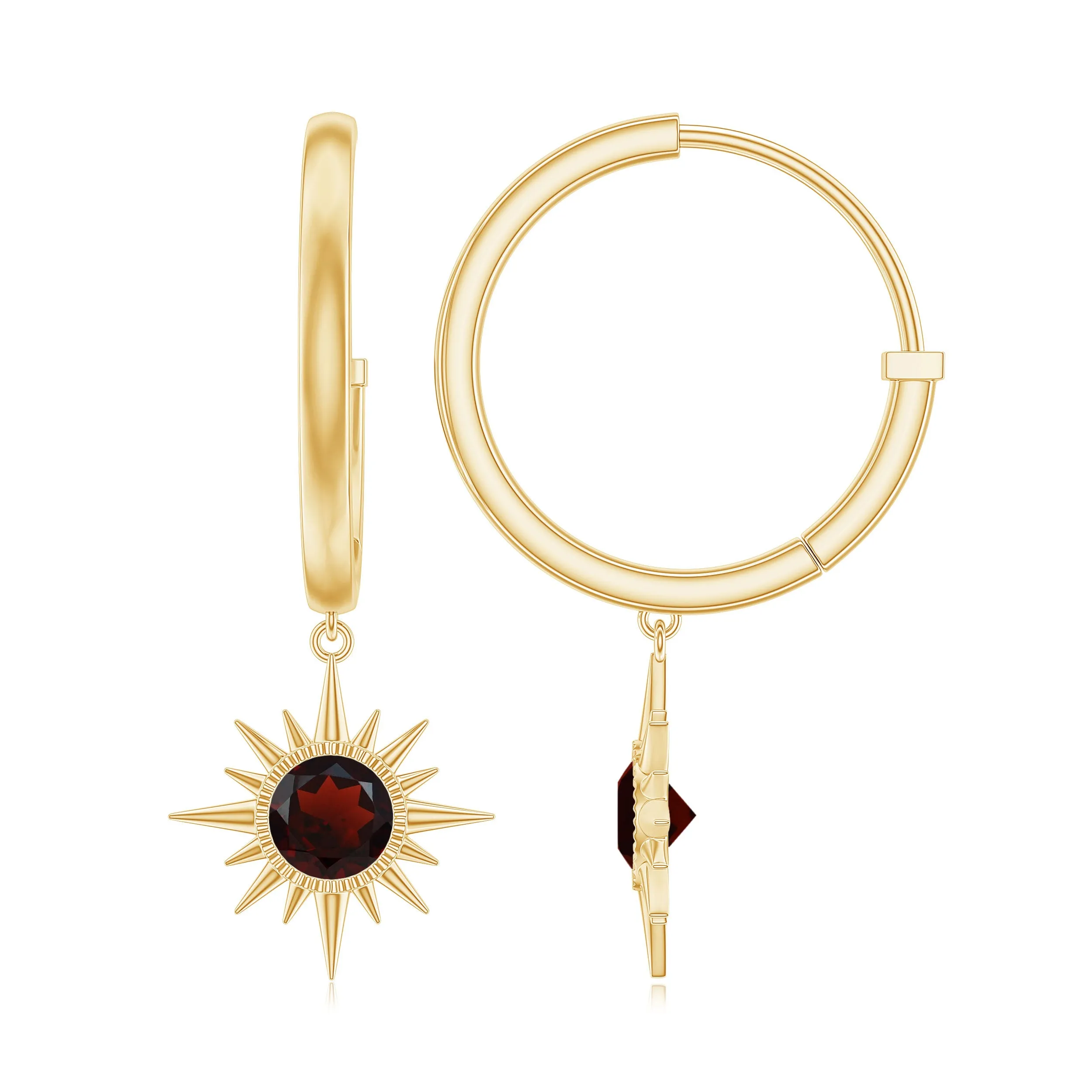 3/4 CT Milgrain Bezel Set Garnet Sunburst Drop Hoop Earrings