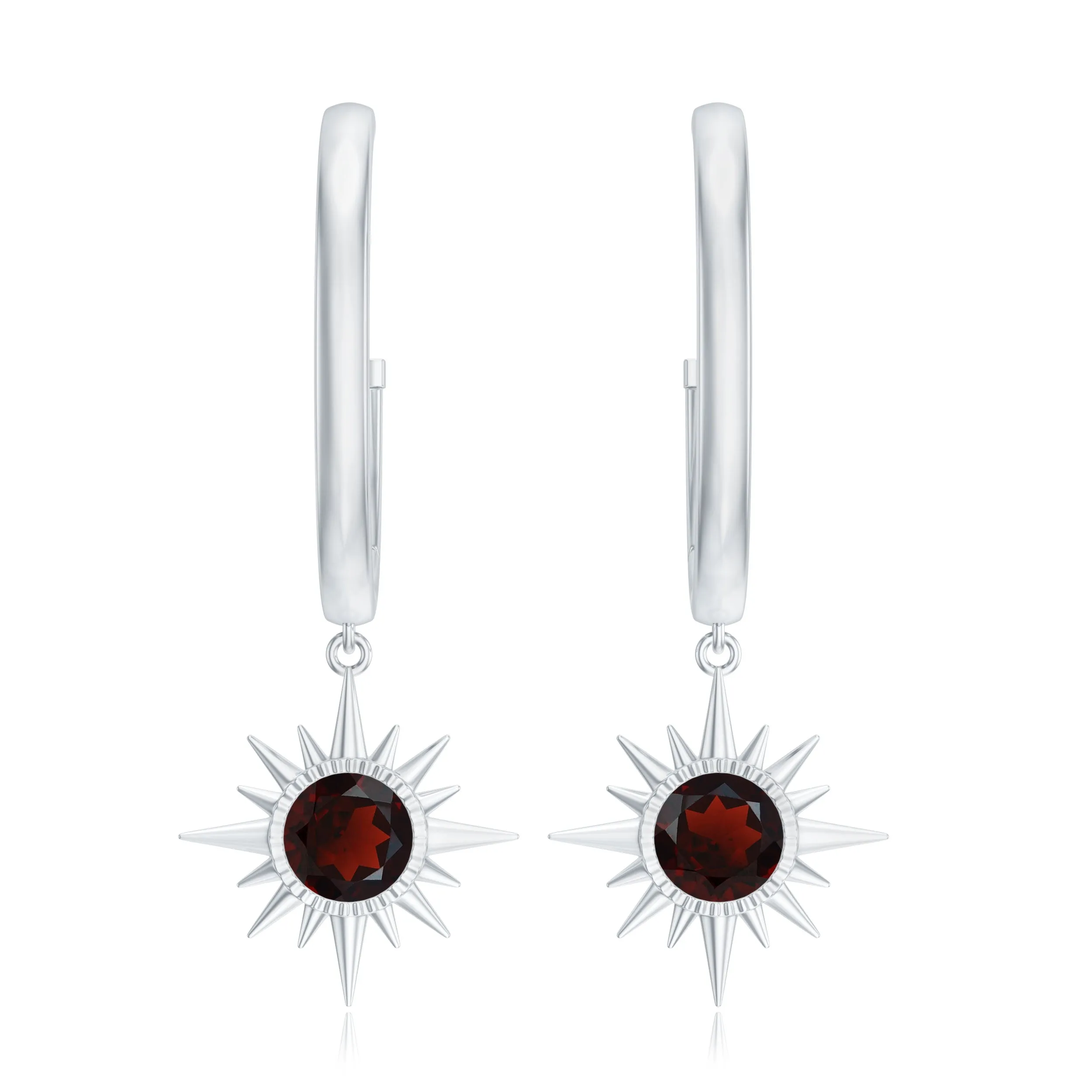 3/4 CT Milgrain Bezel Set Garnet Sunburst Drop Hoop Earrings