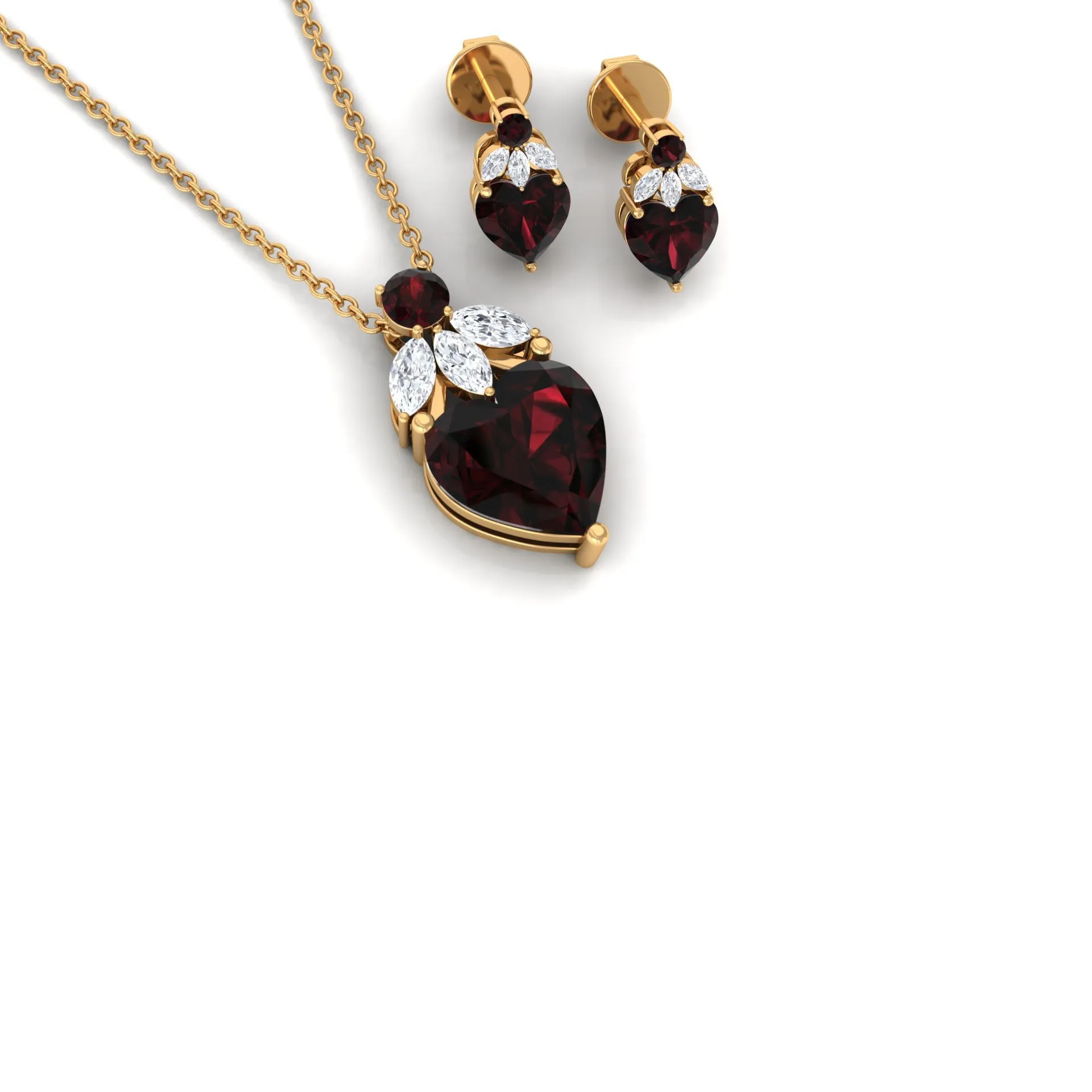 5.50 CT Designer Garnet Heart Pendant Earrings Set with Diamond