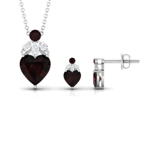 5.50 CT Designer Garnet Heart Pendant Earrings Set with Diamond