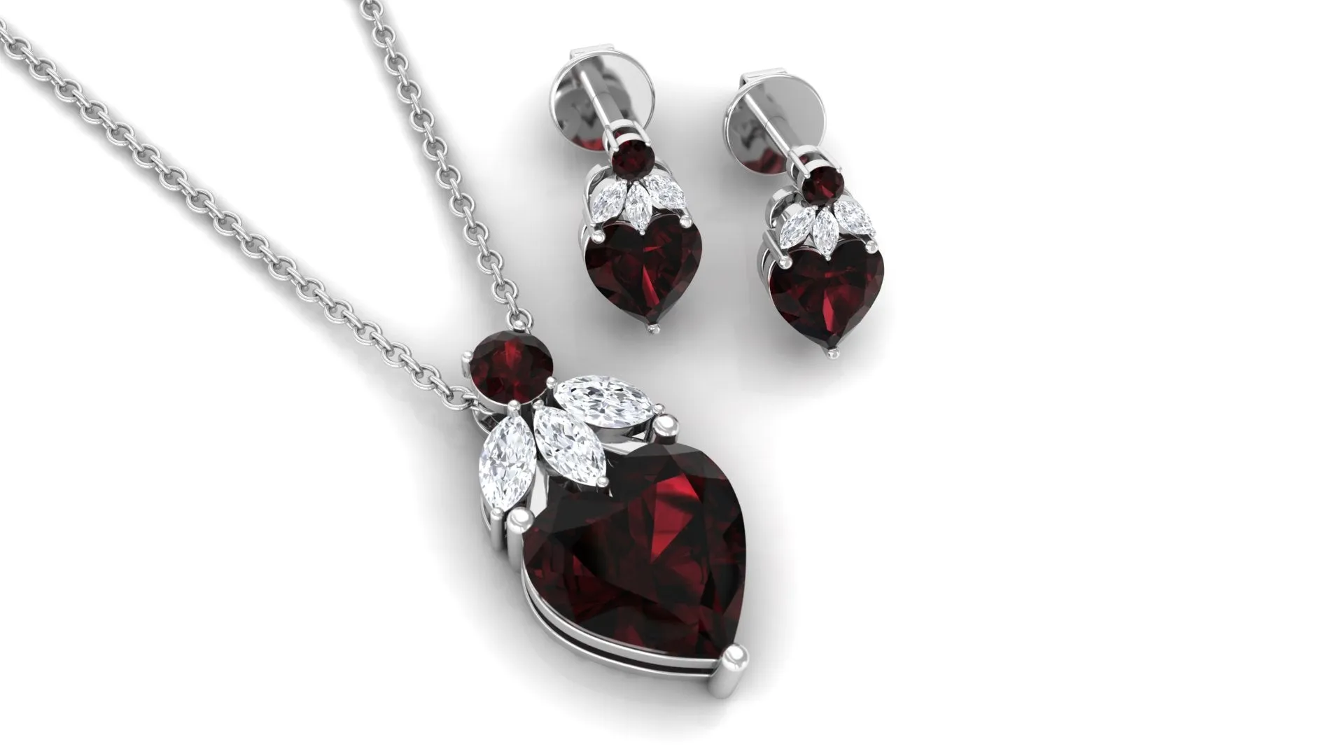 5.50 CT Designer Garnet Heart Pendant Earrings Set with Diamond