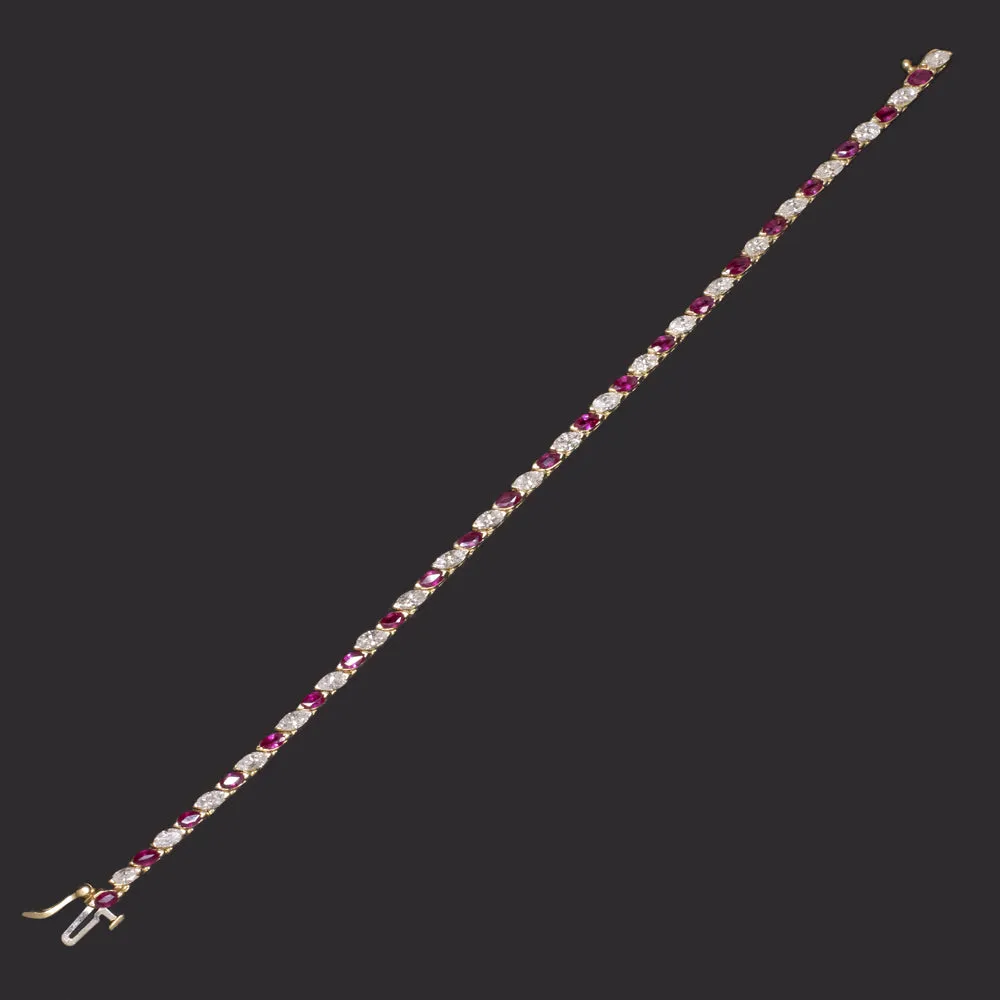 6.5 CARAT BURMA RUBY DIAMOND TENNIS BRACELET MARQUISE 14k YELLOW GOLD NATURAL