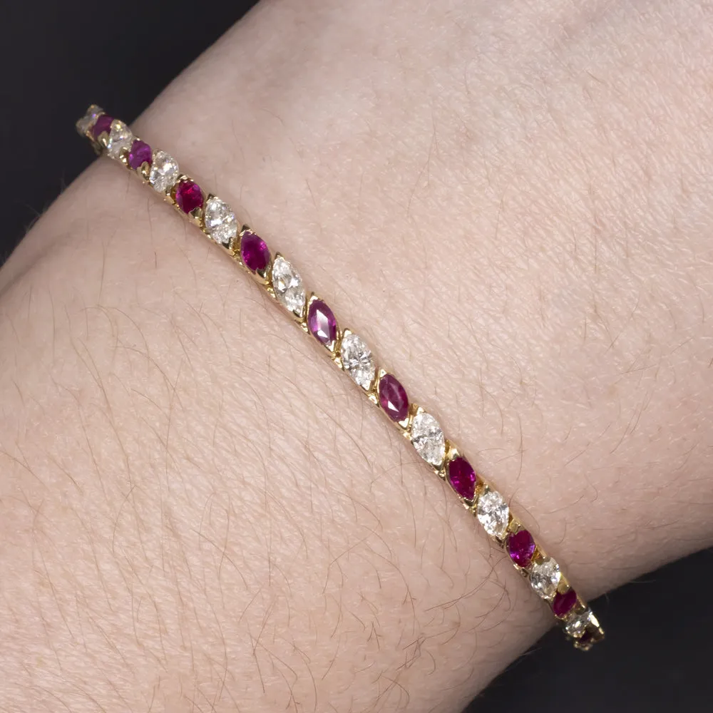 6.5 CARAT BURMA RUBY DIAMOND TENNIS BRACELET MARQUISE 14k YELLOW GOLD NATURAL