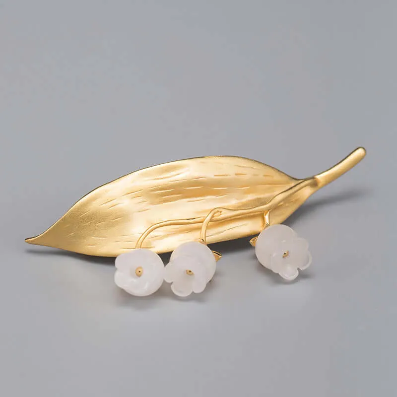 925 Silver White Jade Bellflower Leaf Brooch