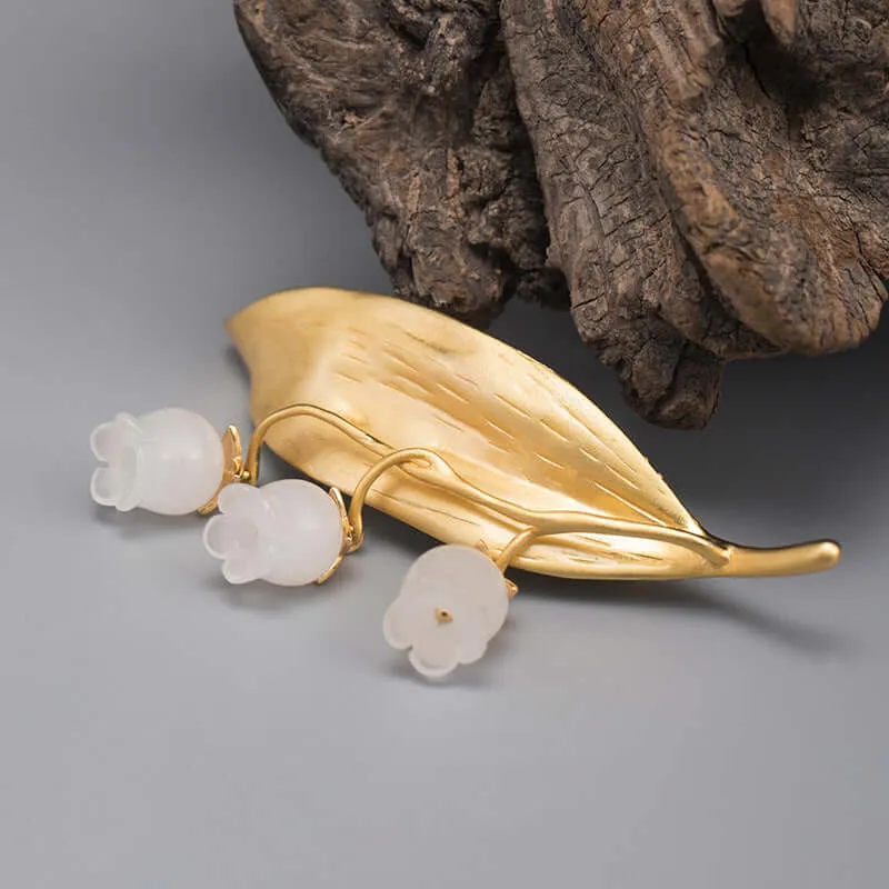 925 Silver White Jade Bellflower Leaf Brooch