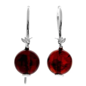 925 Sterling Silver & Genuine Baltic Amber Ball Drop Earrings - 8540