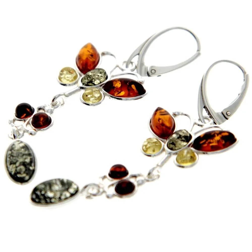 925 Sterling Silver & Genuine Baltic Amber Butterfly Earrings - M063