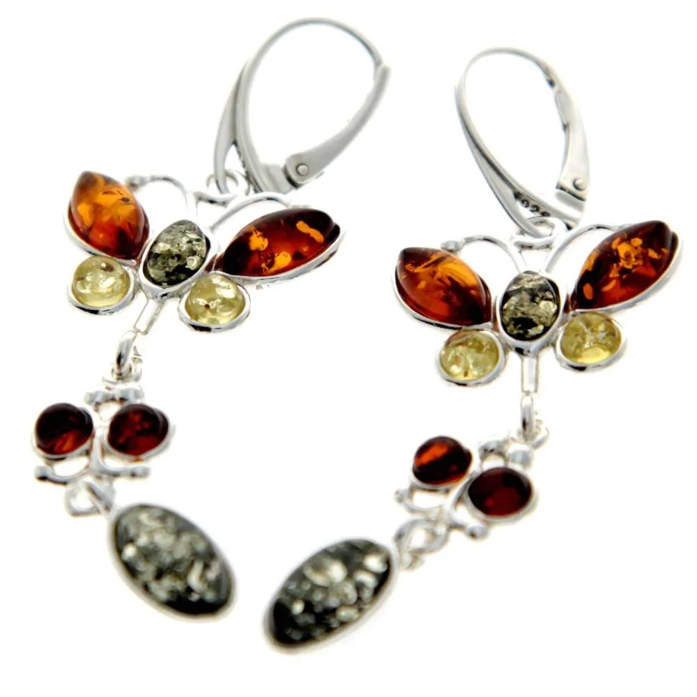 925 Sterling Silver & Genuine Baltic Amber Butterfly Earrings - M063