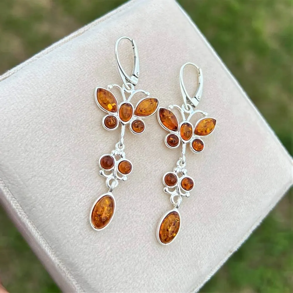 925 Sterling Silver & Genuine Baltic Amber Butterfly Earrings - M063