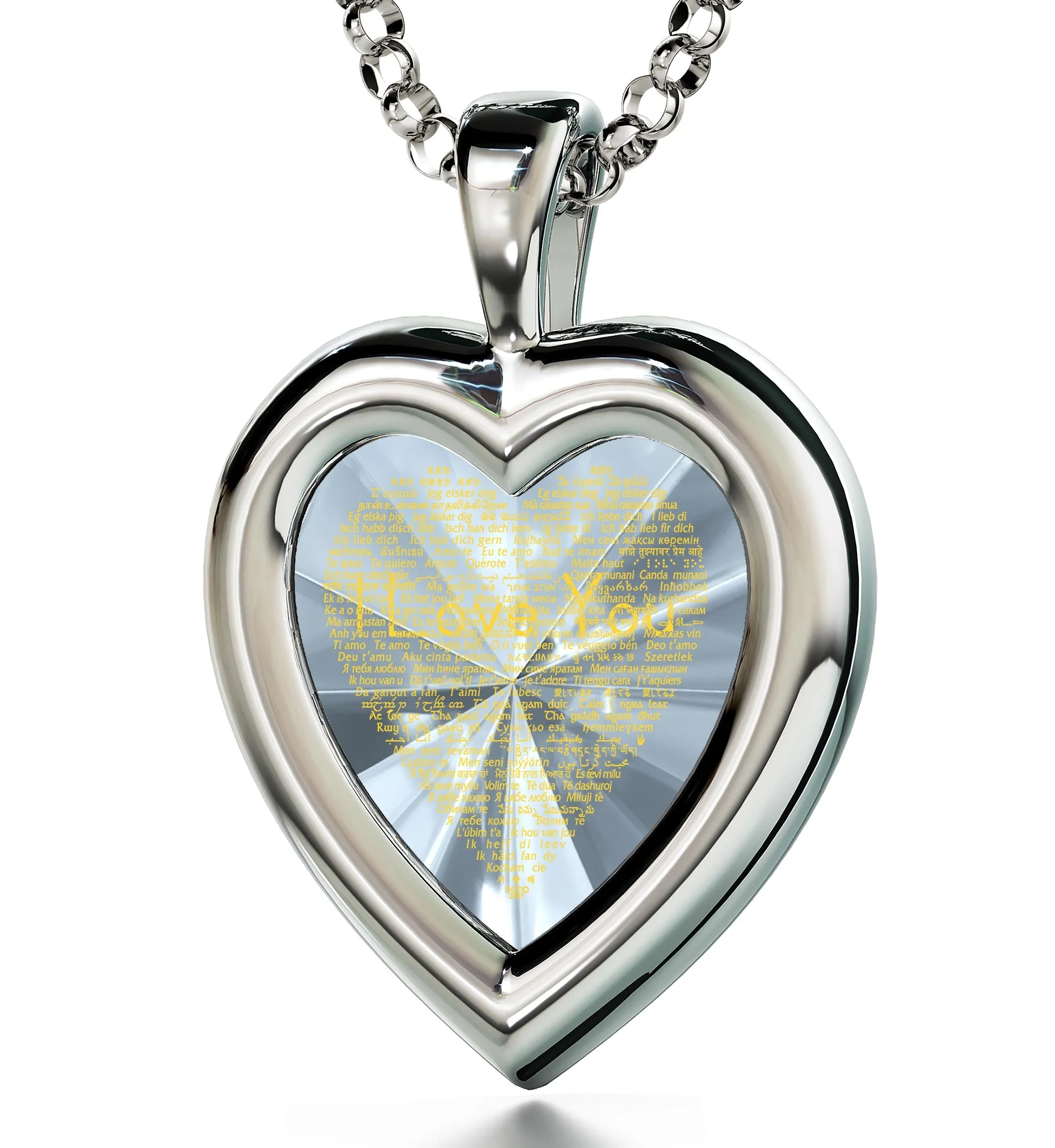 925 Sterling Silver Heart Pendant I Love You Necklace 120 Languages 24k Gold Inscribed