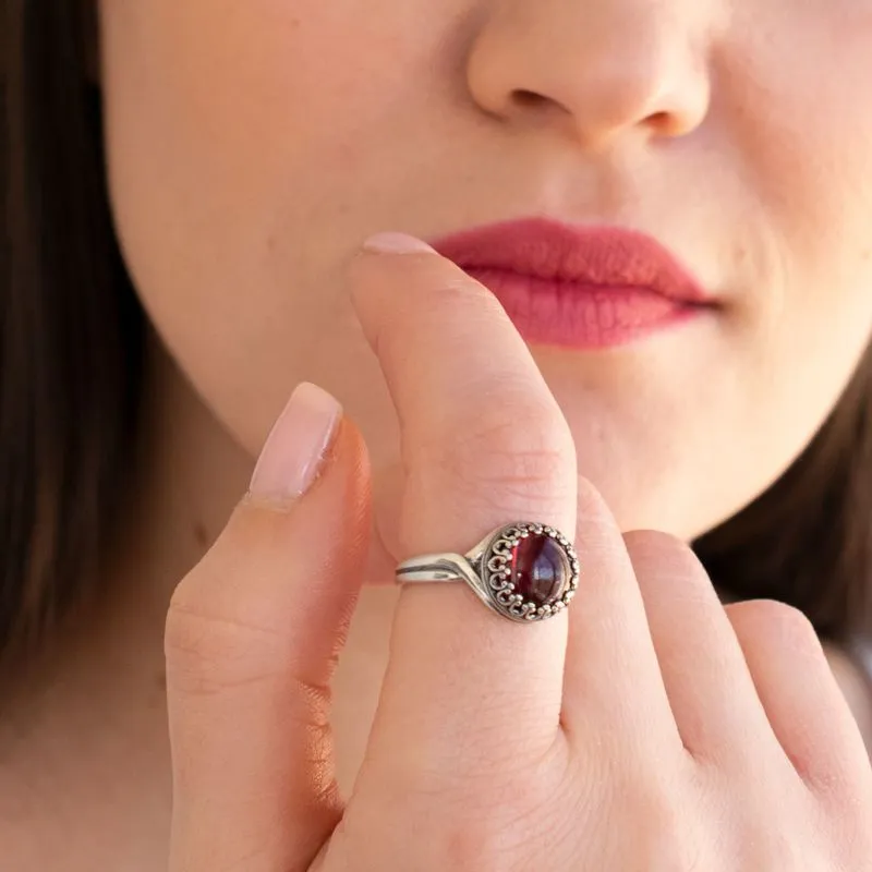 925 Sterling Silver Round Red Garnet 10mm Ring