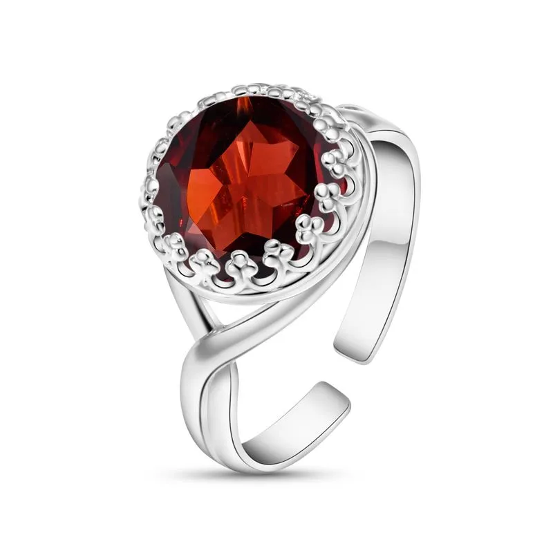 925 Sterling Silver Round Red Garnet 10mm Ring