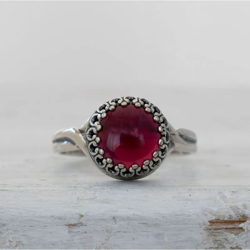 925 Sterling Silver Round Red Garnet 10mm Ring