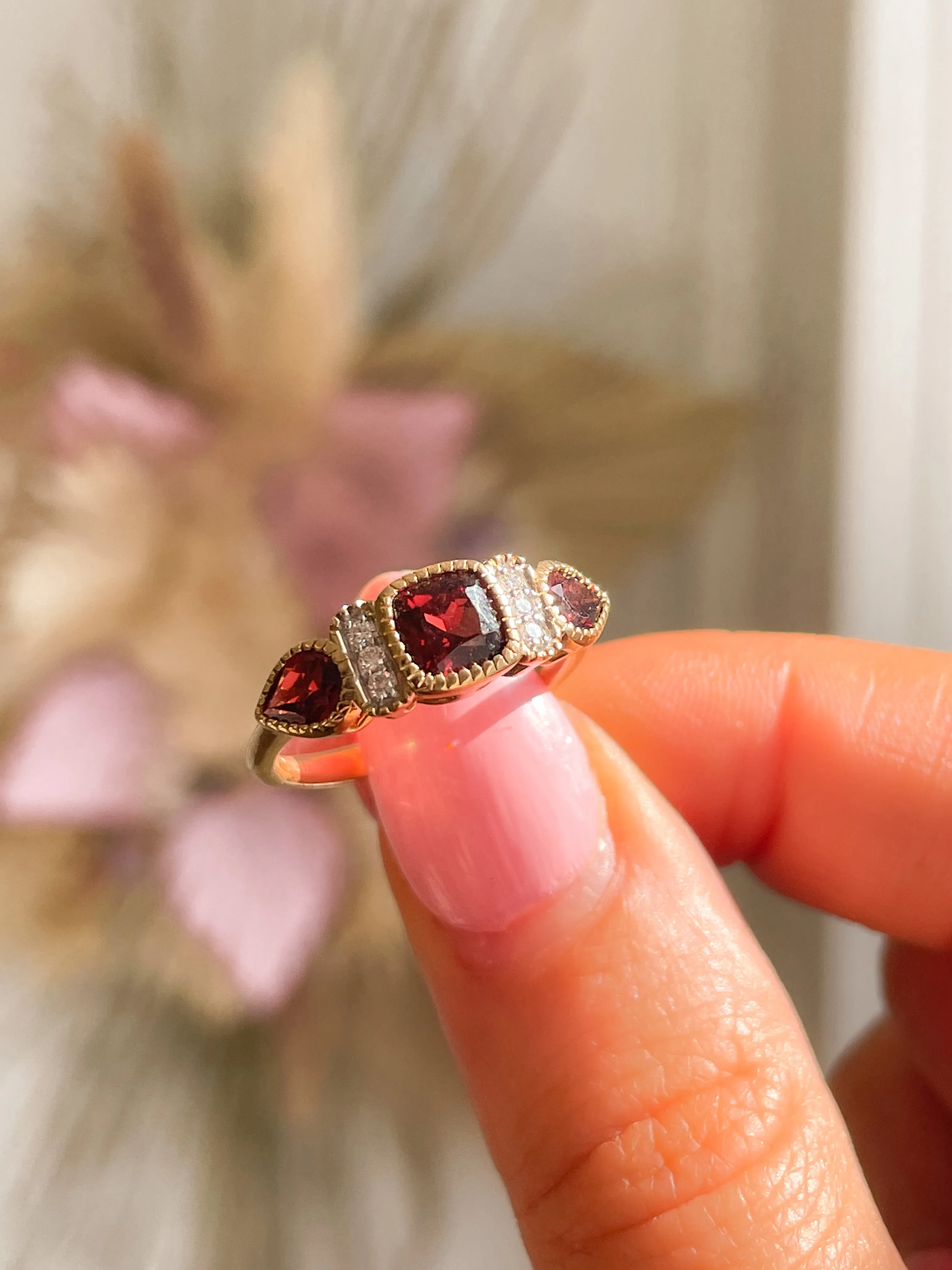 9ct Yellow Gold Earth Grown Cushion & Pear Cut 2.5ct Garnet Ring