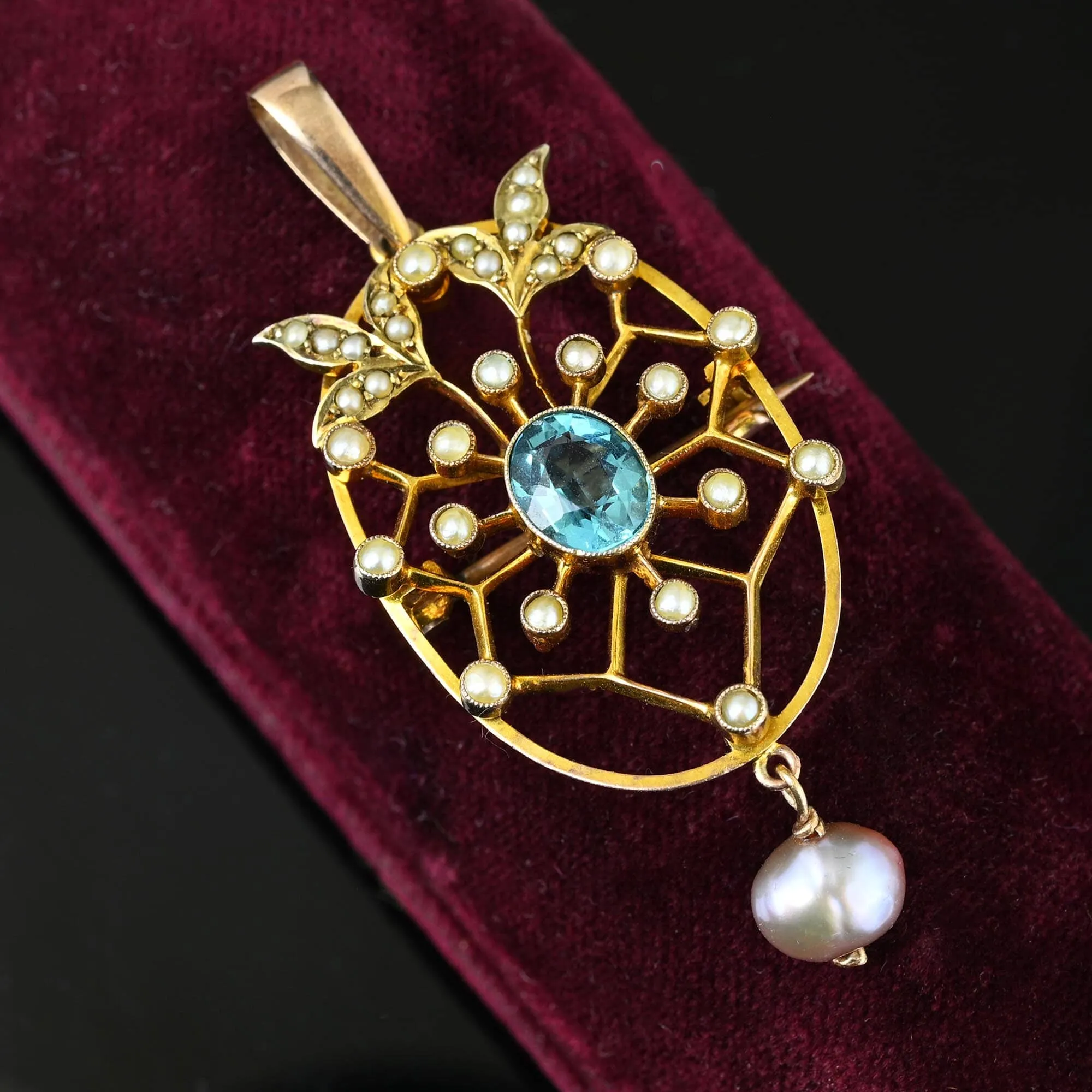 Antique Baroque Pearl Blue Tourmaline Pendant Brooch