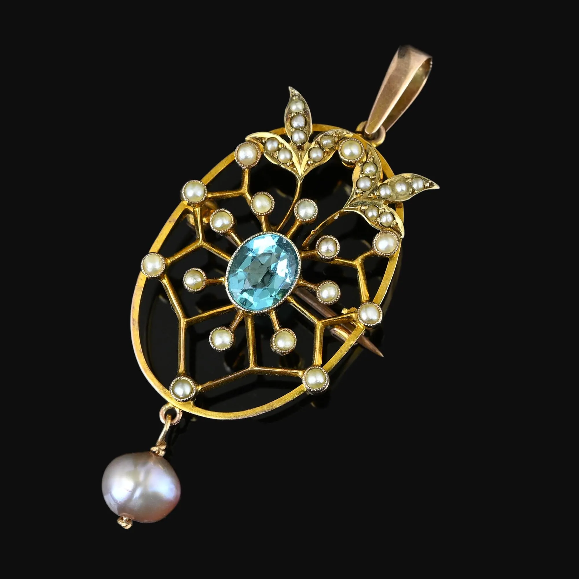 Antique Baroque Pearl Blue Tourmaline Pendant Brooch