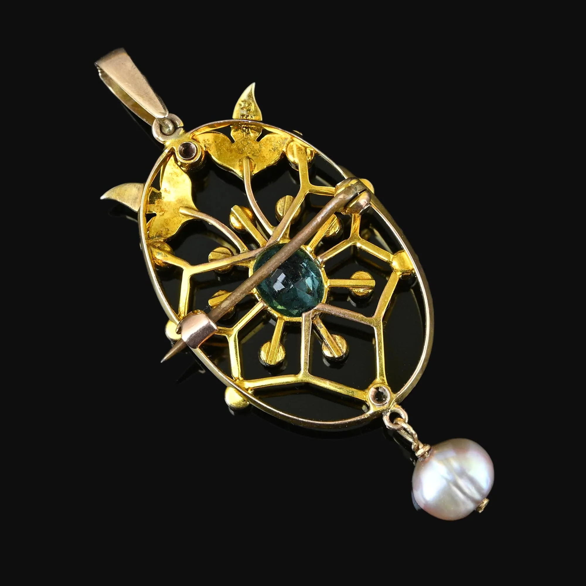 Antique Baroque Pearl Blue Tourmaline Pendant Brooch