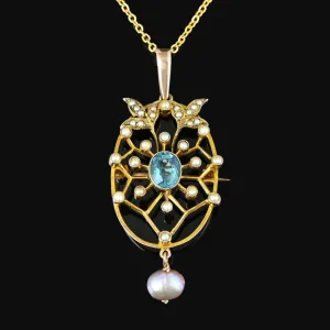 Antique Baroque Pearl Blue Tourmaline Pendant Brooch