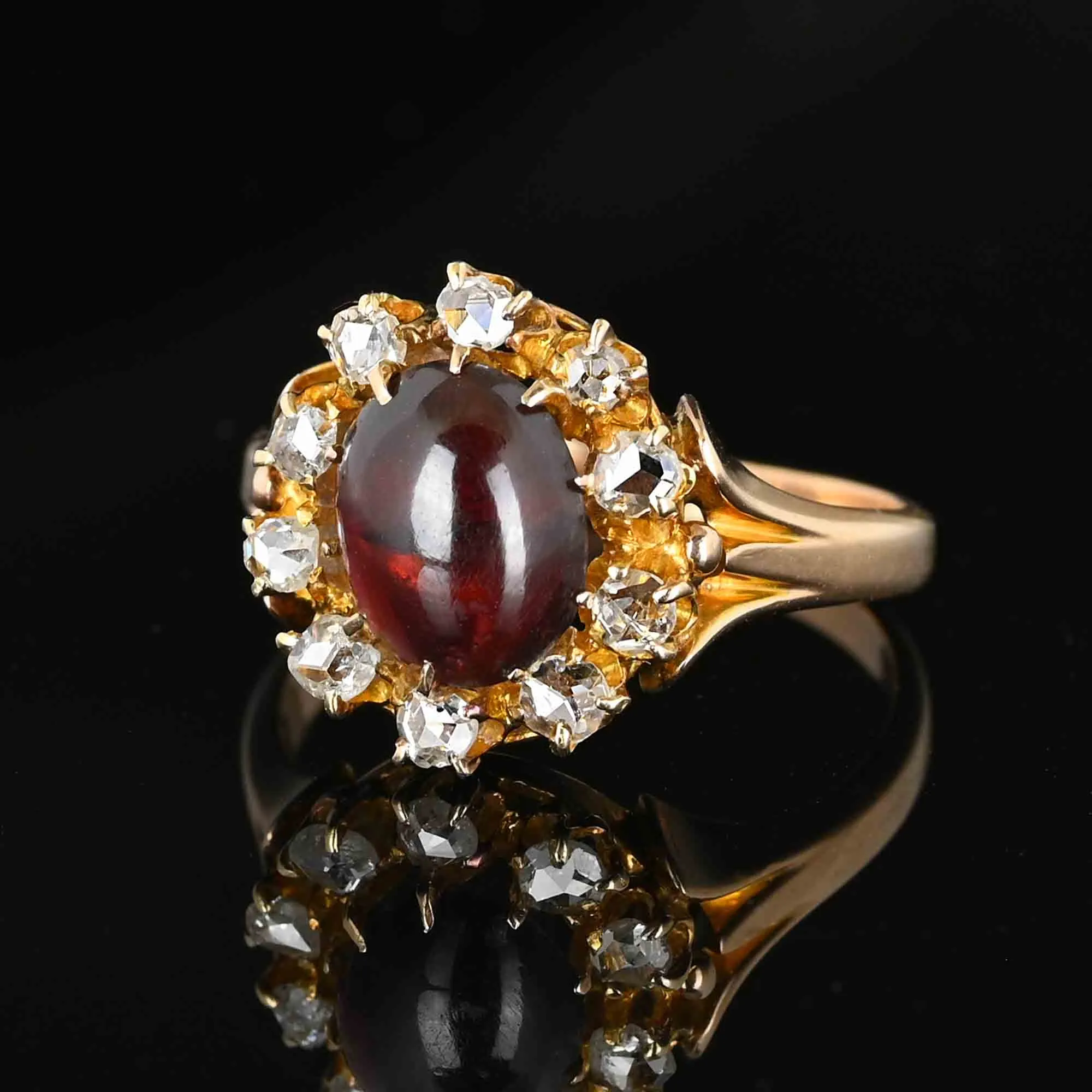 Antique Rose Cut Diamond Halo Garnet Cabochon Ring