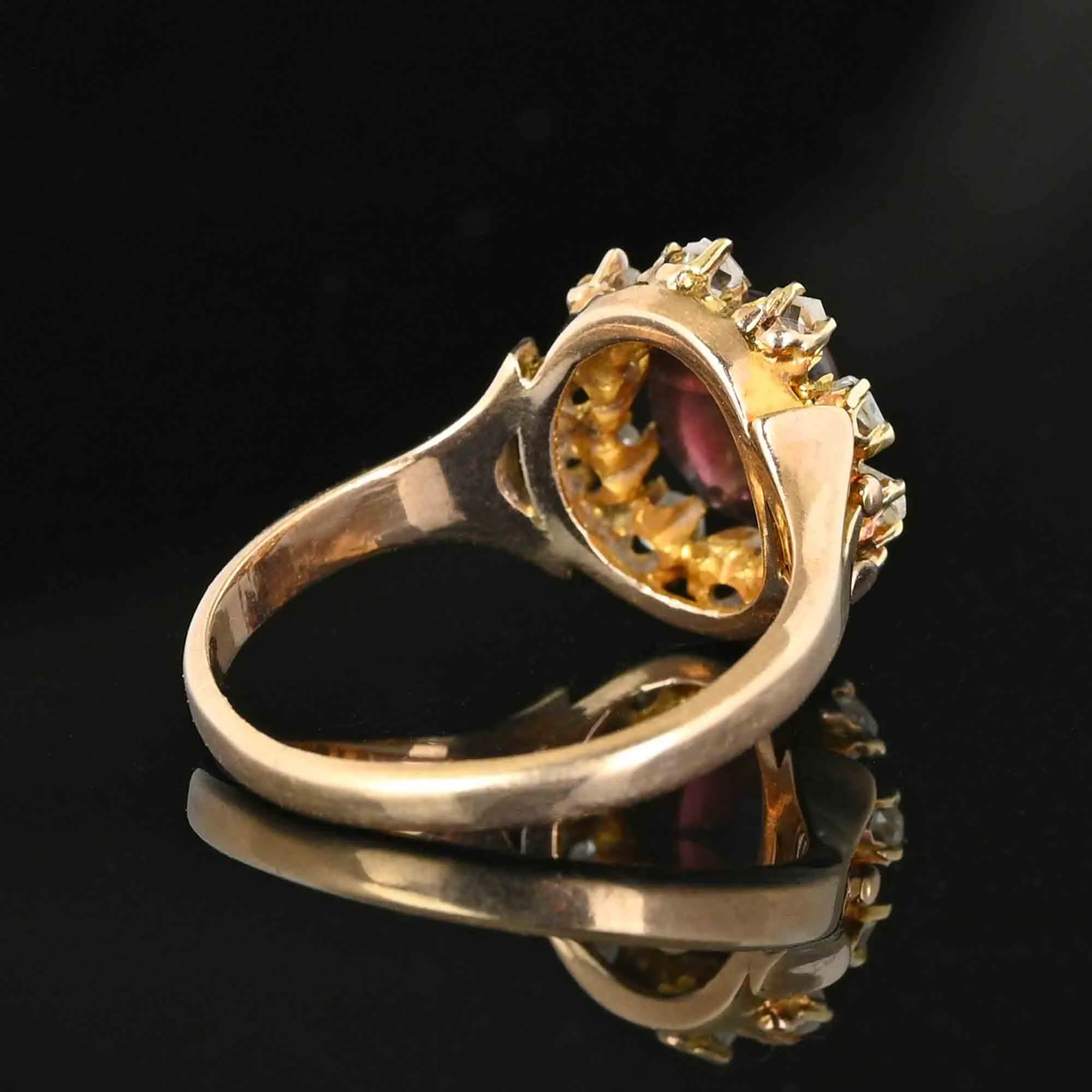 Antique Rose Cut Diamond Halo Garnet Cabochon Ring