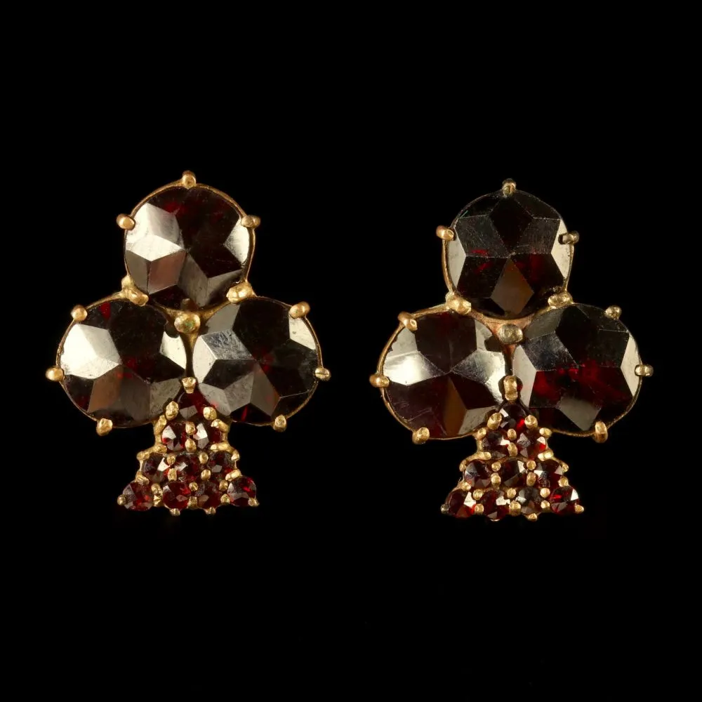 Antique Victorian Bohemian Garnet Earrings Shamrock Circa 1900