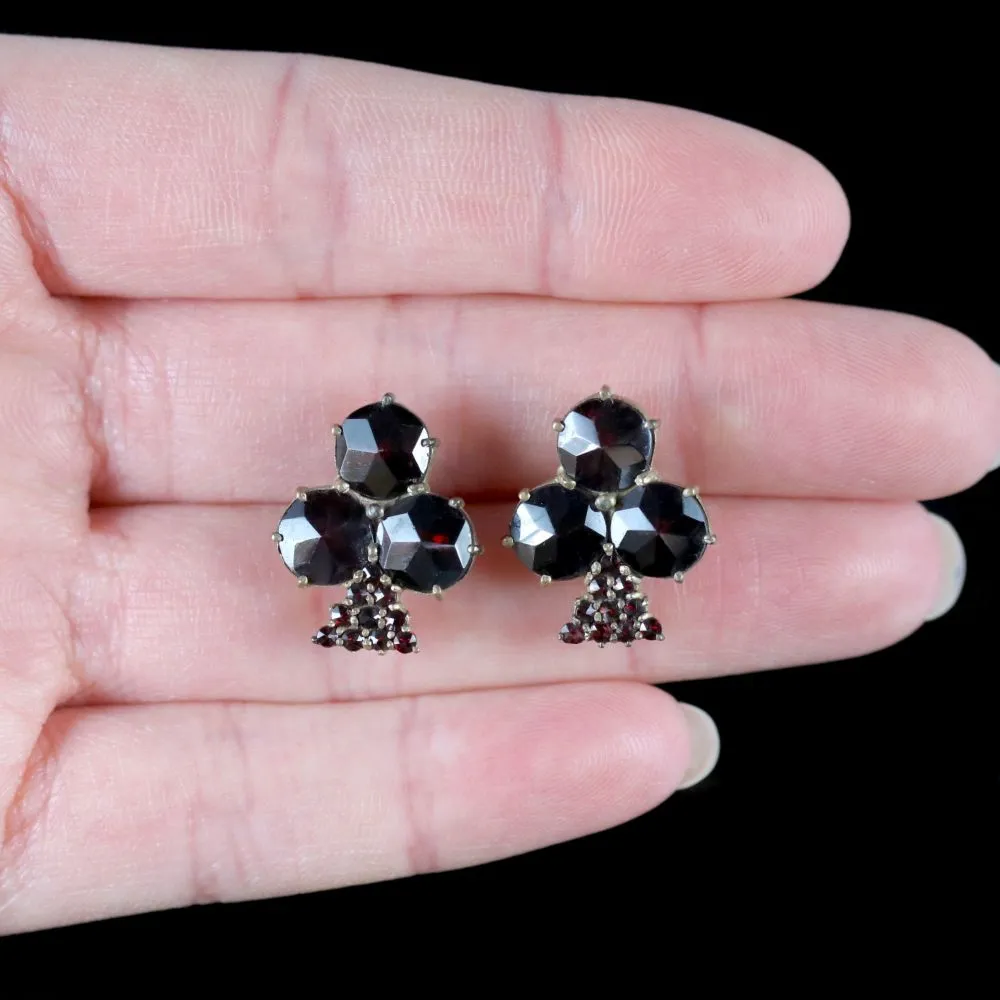 Antique Victorian Bohemian Garnet Earrings Shamrock Circa 1900