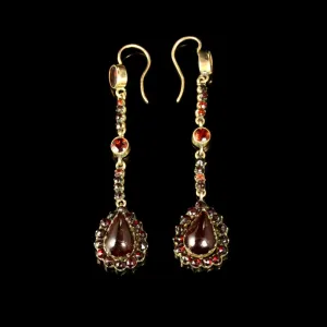 Antique Victorian Garnet Gold Long Earrings Circa 1900