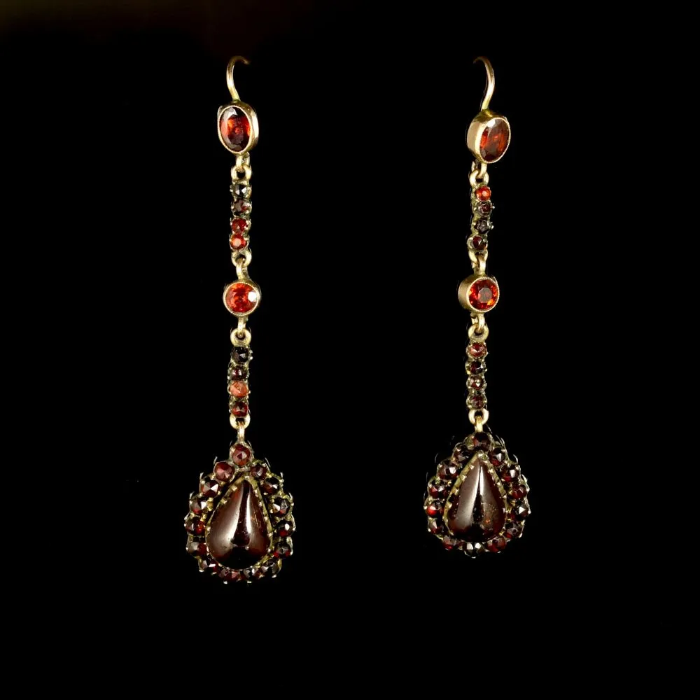 Antique Victorian Garnet Gold Long Earrings Circa 1900