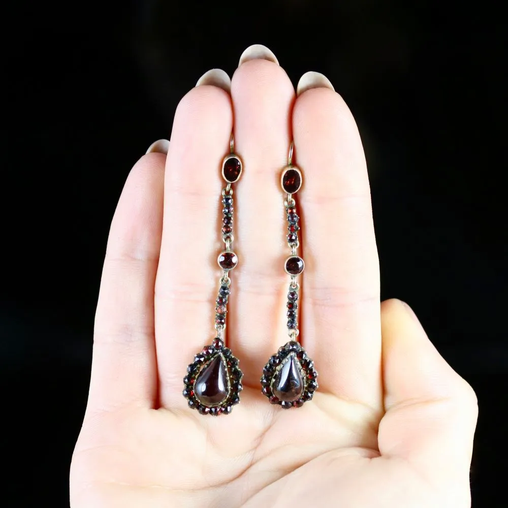 Antique Victorian Garnet Gold Long Earrings Circa 1900