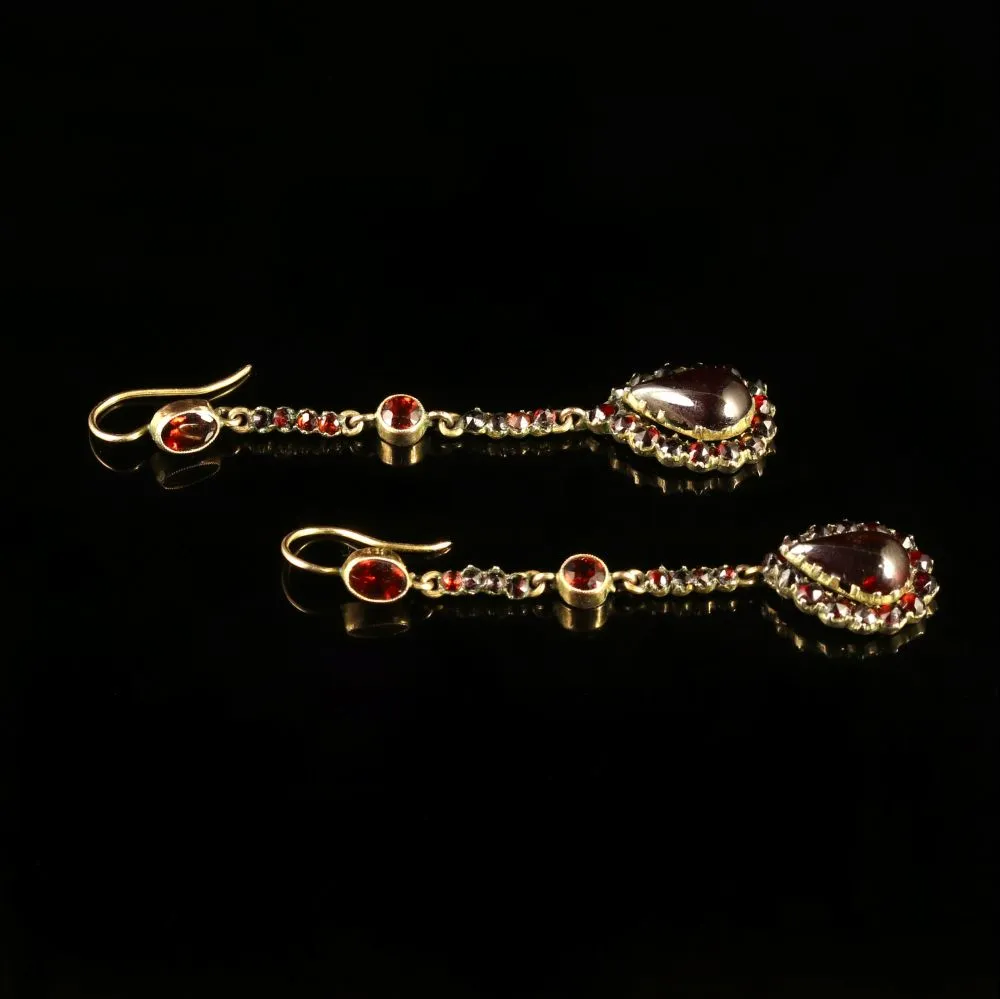 Antique Victorian Garnet Gold Long Earrings Circa 1900