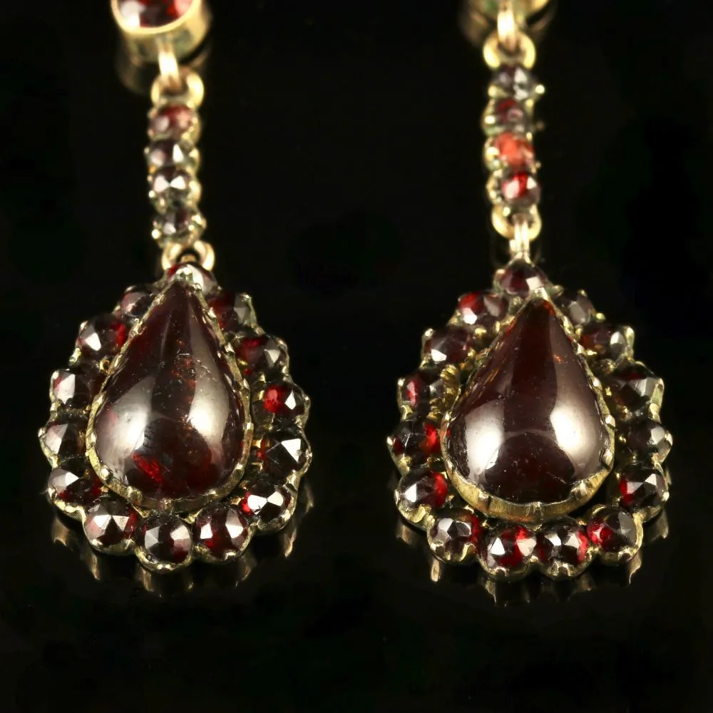 Antique Victorian Garnet Gold Long Earrings Circa 1900