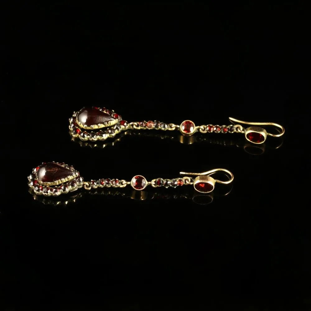 Antique Victorian Garnet Gold Long Earrings Circa 1900