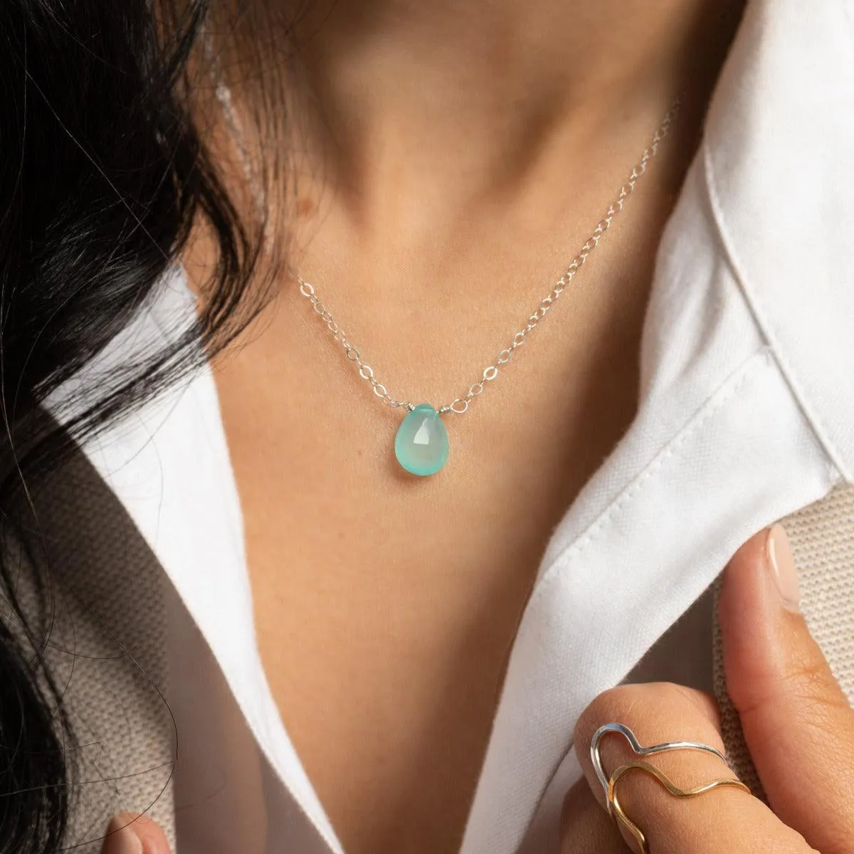 Aqua Chalcedony Teardrop Necklace in Silver