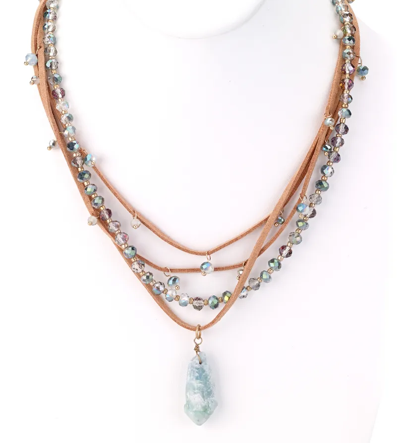 Aqua Crystal Pendant Leather Necklace