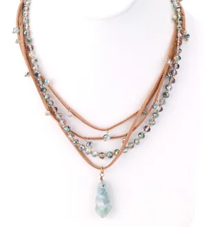 Aqua Crystal Pendant Leather Necklace