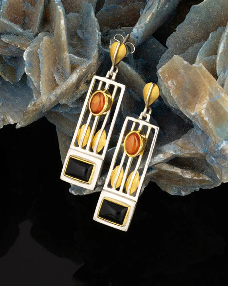 Art & Design Josef Hoffmann Silver Earrings with Black Onyx & Amber