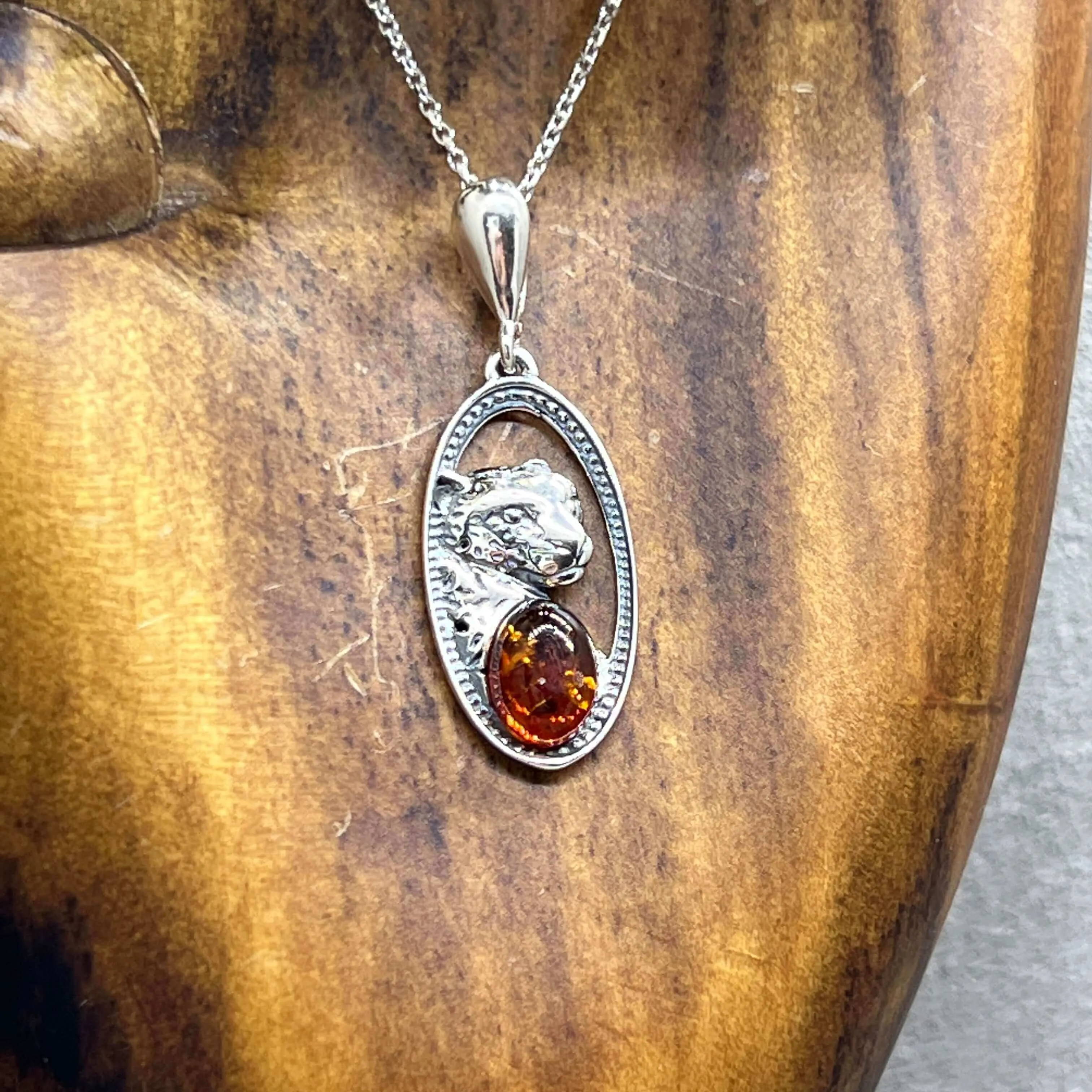 Baltic Amber Sterling Silver Cheetah Shield Pendant