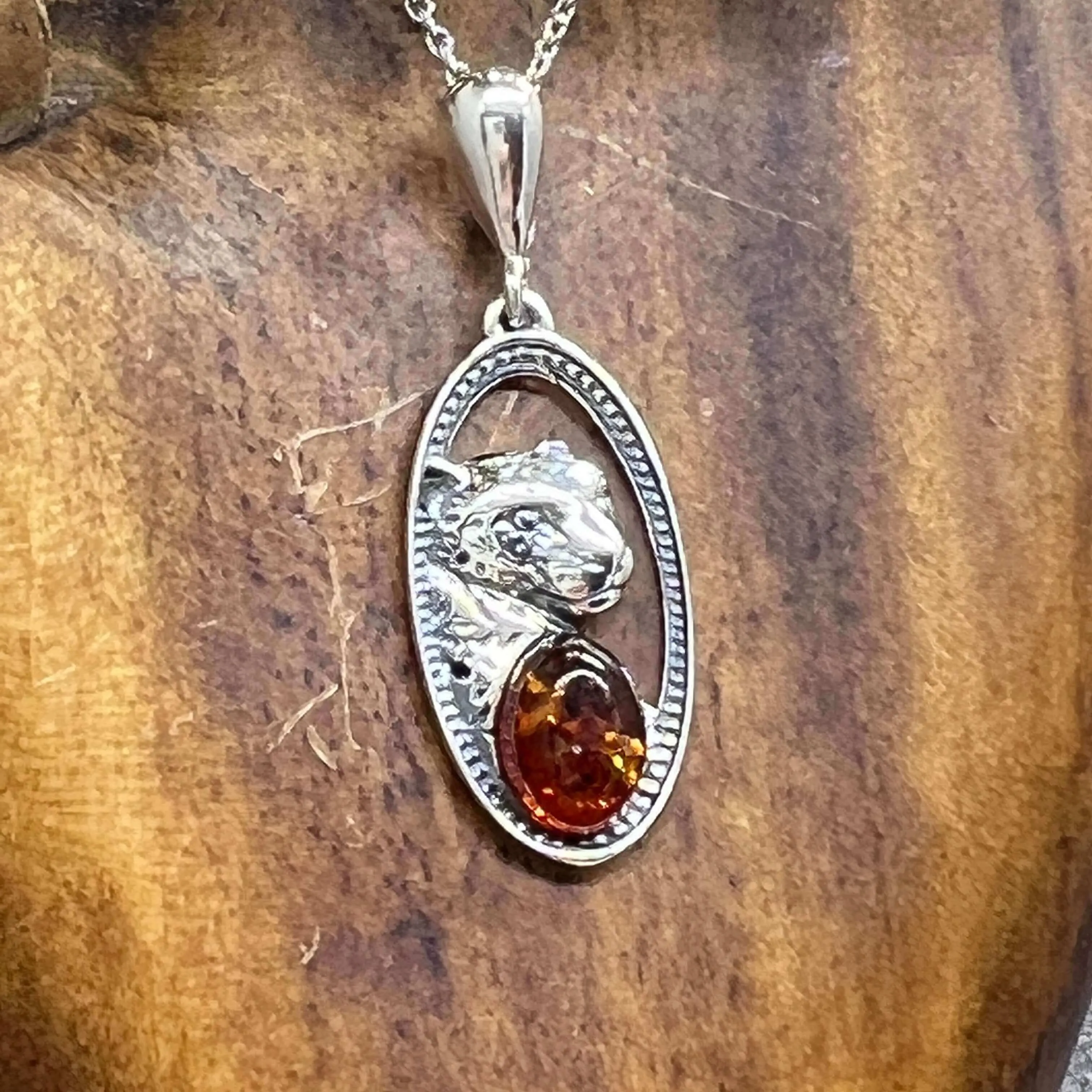 Baltic Amber Sterling Silver Cheetah Shield Pendant