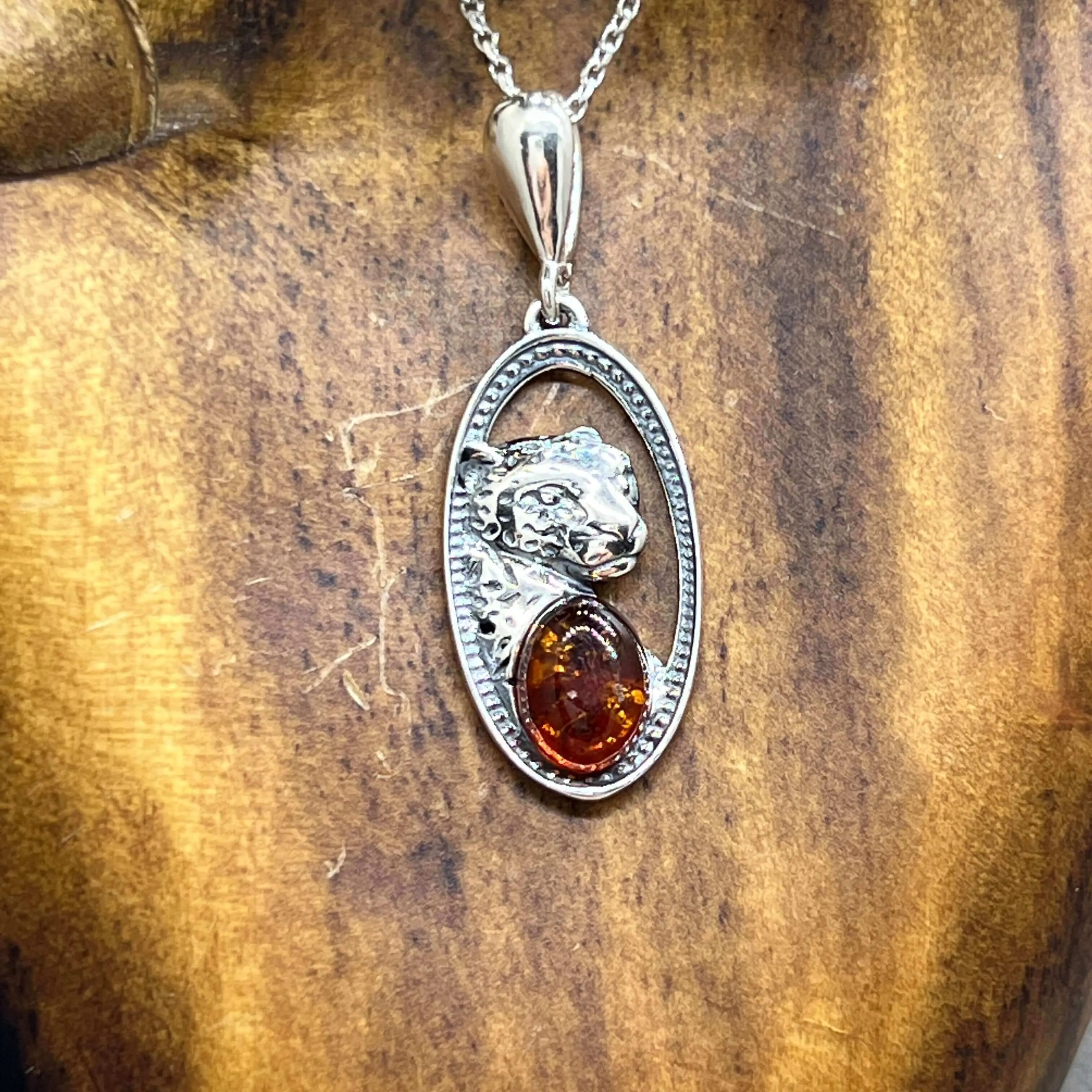 Baltic Amber Sterling Silver Cheetah Shield Pendant