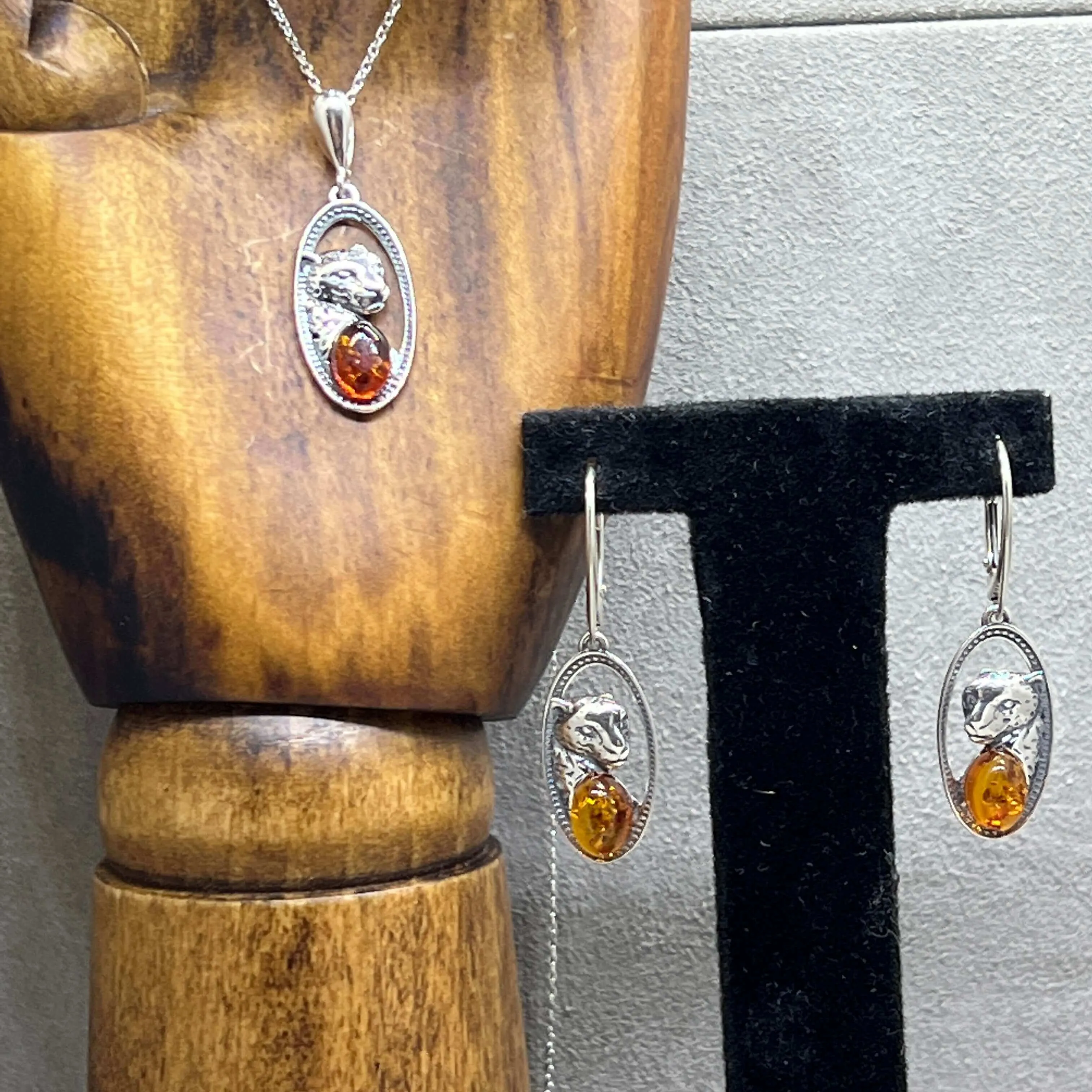 Baltic Amber Sterling Silver Cheetah Shield Pendant